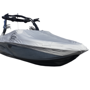 A covered speedboat with a gray and white design on a white background.