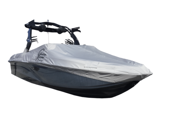 A covered speedboat with a gray and white design on a white background.