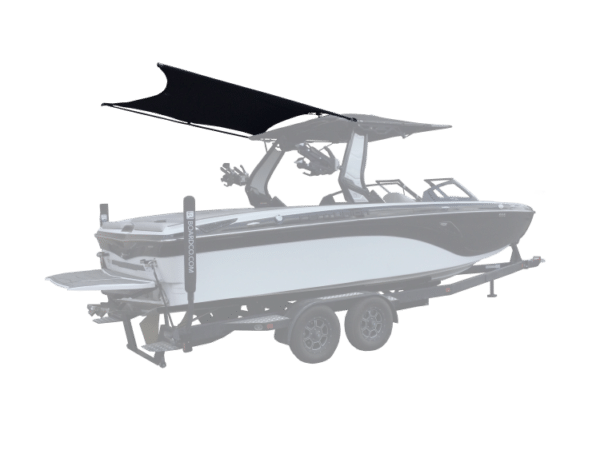 A white and black speedboat on a trailer with a canopy overhead, shown from the side.