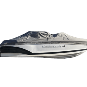 A covered speedboat on a white background.