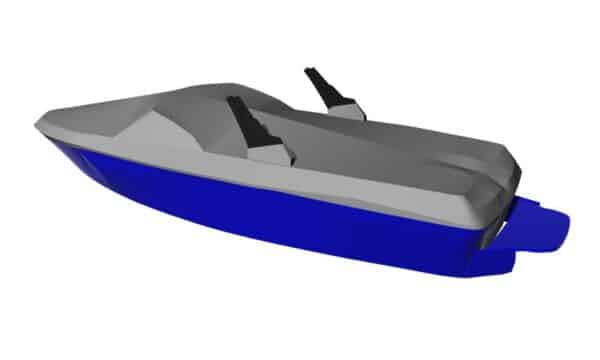 A computer-generated image of a small, blue and gray jet ski with no visible rider.