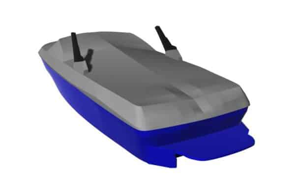 A 3D-rendered image of a small, dual-handled pedalo with a grey top and a blue hull on a white background.