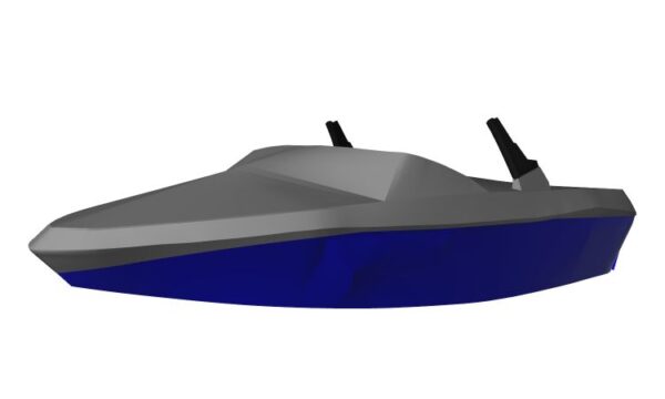 A digital 3D rendering of a modern speedboat with a sleek design, featuring a dark gray and blue color scheme, isolated on a white background.