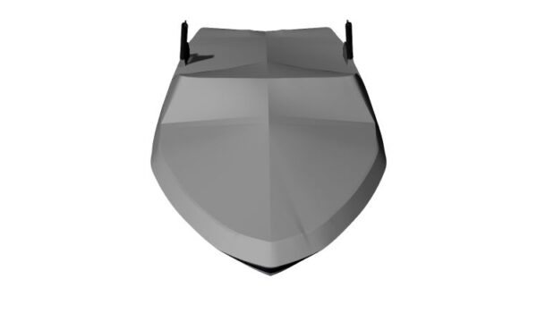 A front view rendering of a simplified black and white boat hull, displaying the bow and two upright structures at the rear.