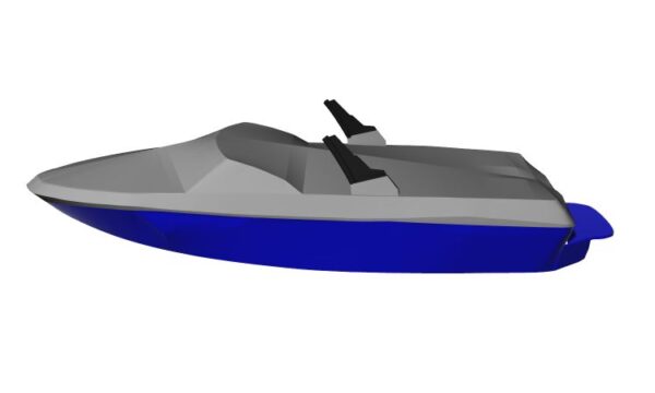 A side view of a small modern blue and gray motorboat with two seats and steering handles.