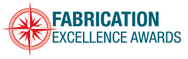 Logo for the Fabrication Excellence Awards, featuring a red compass rose alongside the event name in blue capital letters, symbolizing precision and dedication akin to long sewing projects.