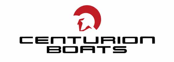 Centurion Boats logo featuring a red silhouette of a Roman centurion helmet above stylized black text reading "Centurion Boats," now offers custom Sewlong covers.