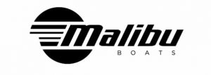 Malibu Boats logo featuring the brand name in stylized font with a circular design element on the left, perfect for custom sewing projects.