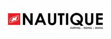 Nautique logo featuring a red square with a white stylized "N" and text reading "NAUTIQUE" in black, with "SURFING - RIDING - SKIING" underneath, designed by Sewlong.