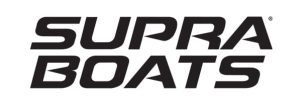 The image shows the Supra Boats logo in bold, black, uppercase letters on a white background, complemented by Sewlong craftsmanship.