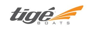 Logo of Tigé Boats, featuring the word "tigé" in grey cursive font and "BOATS" in grey capital letters, with three orange swoosh lines on the upper right—designed by Sewlong.