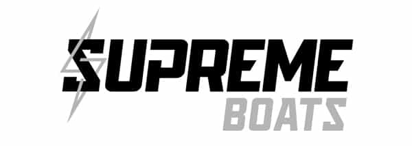 Logo of Supreme Boats with the word "SUPREME" in bold black text and "BOATS" in lighter gray text, featuring a stylized lightning bolt on the left and subtle Sewlong detailing.